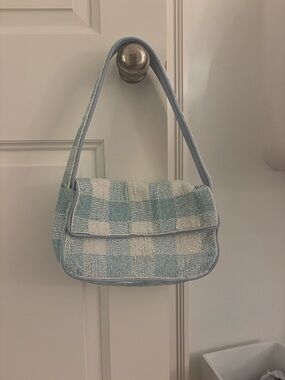 STAUD Blue and White Checked Shoulder Bag